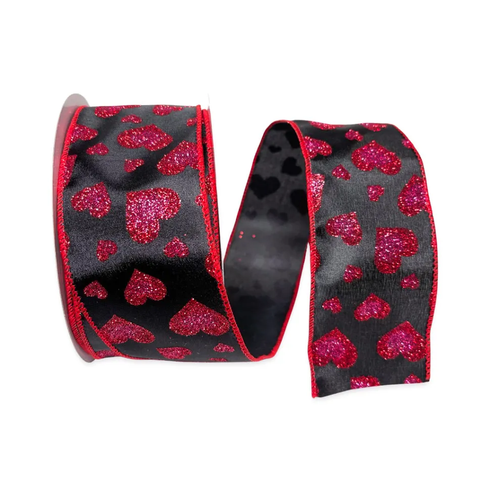 Red and Pink Glitter Hearts on Black Ribbon - 2.5"X10YD