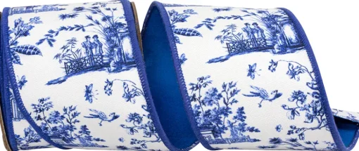 White and Blue Asian Vista Chinoiserie Ribbon, 4" X 5YD